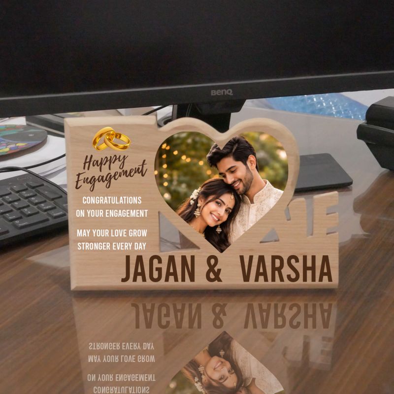 Gift Me Bazar Personalized Happy Engagement Wooden Plaque Customized Couple’s Photo Frame with Names & Heart Cutout  Romantic Engagement Gift for Wife, Husband, or Fiancé